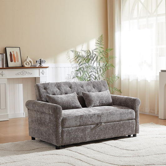 58.27' 3 in 1 Loveseat Sofa Bed, Chenille Fabric Pull Out Couch Sleeper,Full K/D Bcak Frame, Seat Frame And Armrest & 2 Pillows for Living Room Functionl Sofa Bed