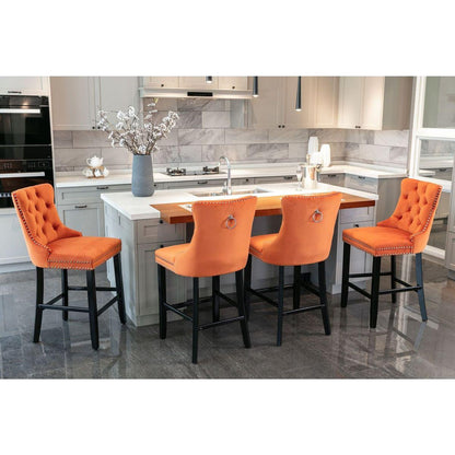 Contemporary Velvet Upholstered Barstools with Button Tufted Decoration and Wooden Legs, and Chrome Nailhead Trim, Leisure Style Bar Chairs,Bar stools, Set of 2 (Orange)
