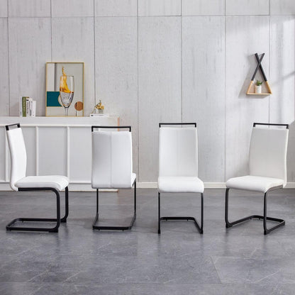 Table and chair set. A white imitation marble desktop with MDF legs and gold metal decorative strips. Paired with 4 dining chairs with white backrest and black metal legs.F-HH