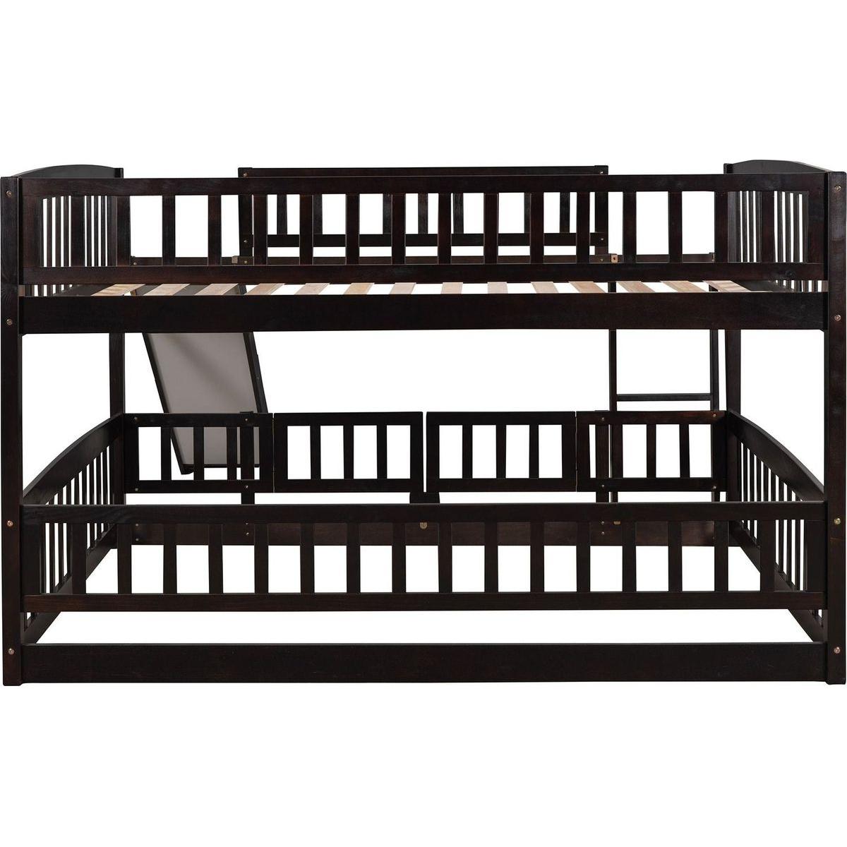 Bunk Bed with Slide,Full Over Full Low Bunk Bed with Fence and Ladder for Toddler Kids Teens Espresso