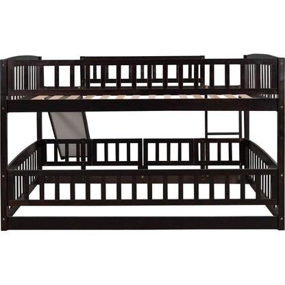 Bunk Bed with Slide,Full Over Full Low Bunk Bed with Fence and Ladder for Toddler Kids Teens Espresso