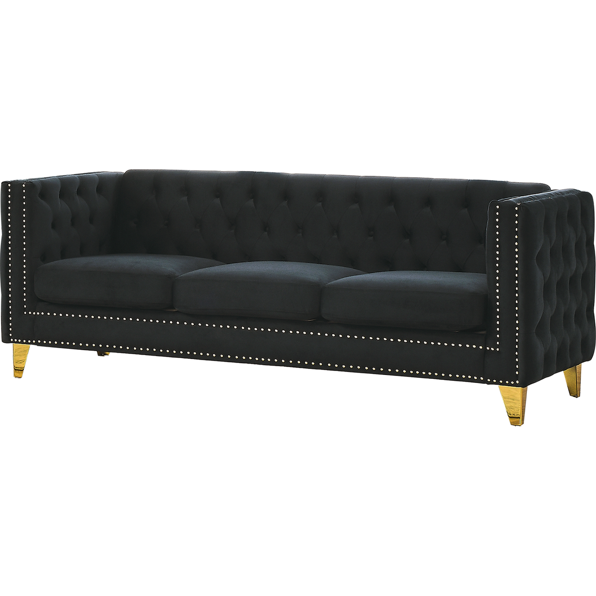 Velvet Sofa for Living Room,Buttons Tufted Square Arm Couch, Modern Couch Upholstered Button and Metal Legs, Sofa Couch for Bedroom, Black Velvet