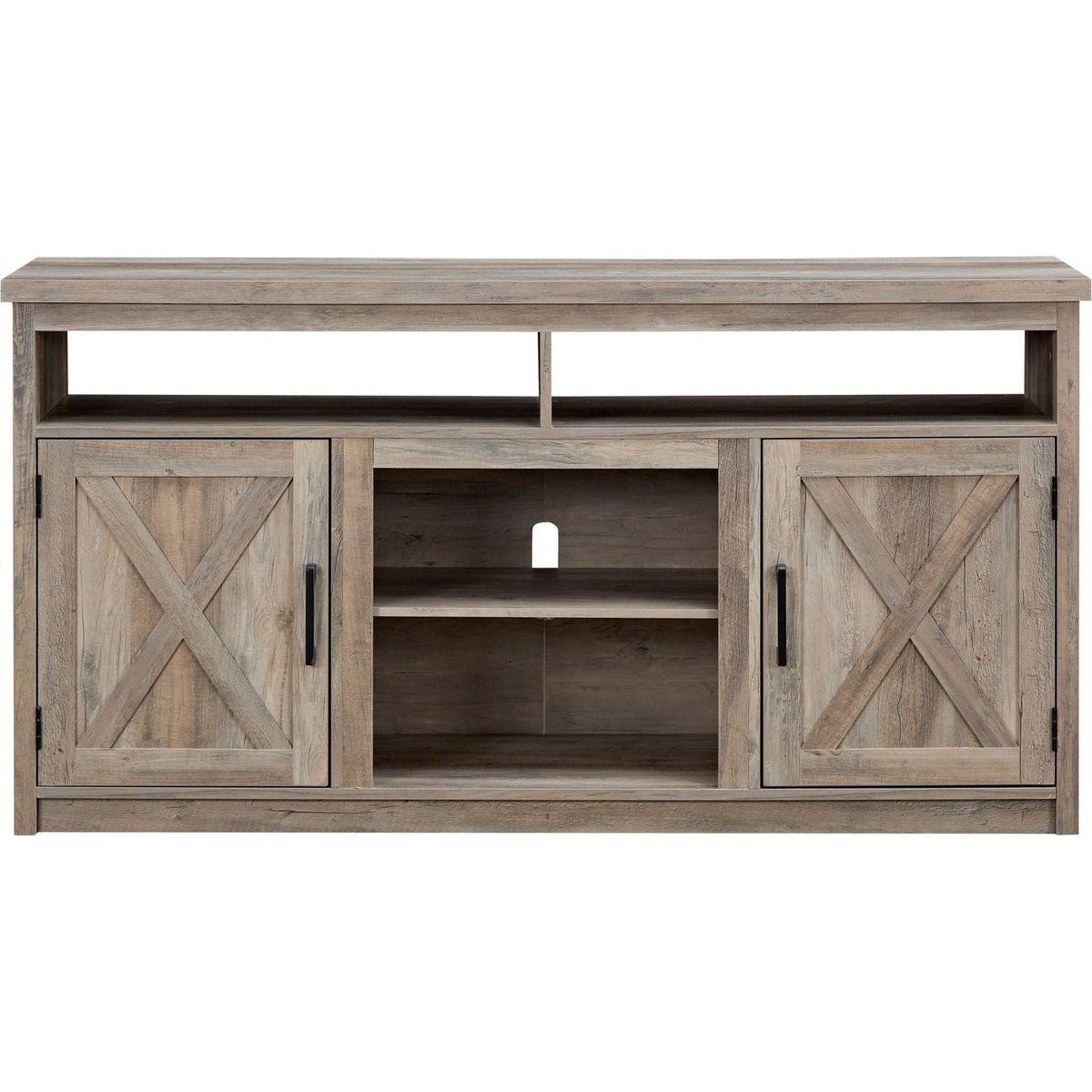 Farmhouse Barn door TV Media Stand Modern Entertainment Console for TV Up to 65" with Open and Closed Storage Space, Gray Wash, L57.87xW15.75xH30.31