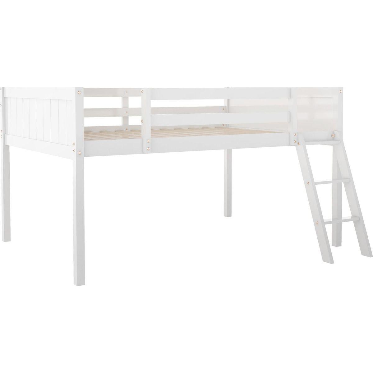 Full Size Wood Low Loft Bed with Ladder, ladder can be placed on the left or right, White(O