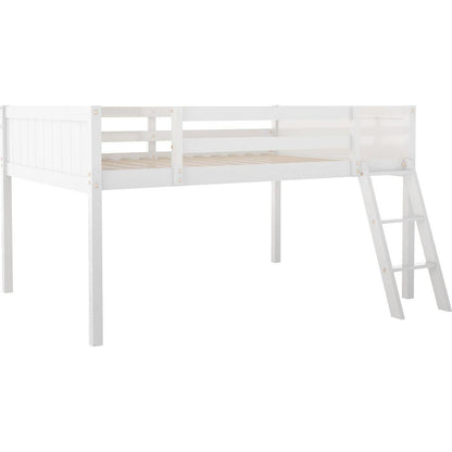 Full Size Wood Low Loft Bed with Ladder, ladder can be placed on the left or right, White(O