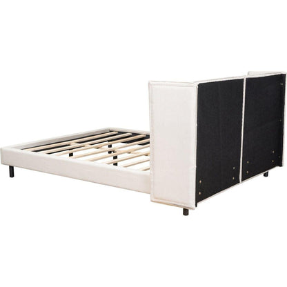 Queen Size Upholstered Platform Bed with LED Lights and U-Shaped Headboard, Linen Fabric, Beige