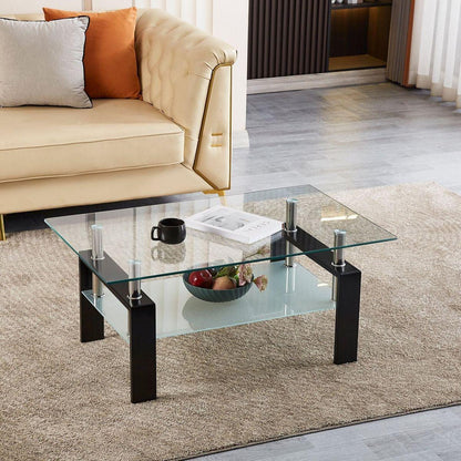 Tempered Clear Glass Coffee Table, 2-Layers Coffee Table Living Room Center Table