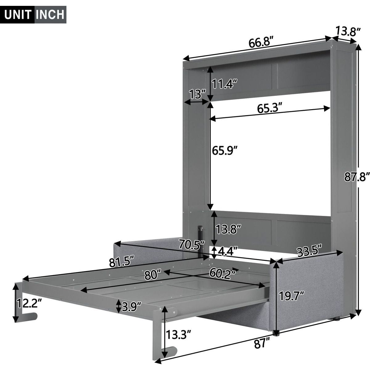 Queen Size Murphy Bed Wall Bed with Cushion,Gray
