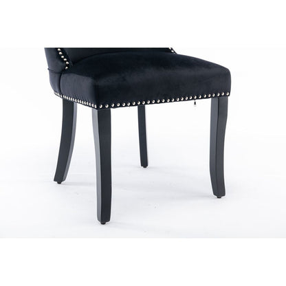 Set of 2 Black Velvet upholstered wing-back dining chair with backstitching nailhead trim and solid wood legs