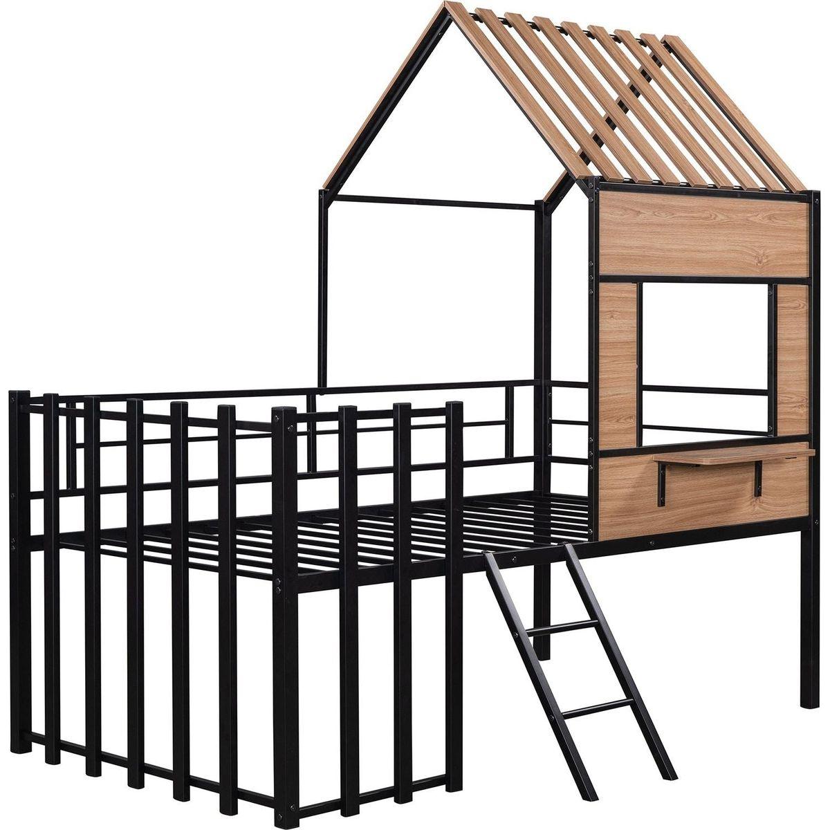 Metal Twin size Loft Bed with Roof, Window, Guardrail, Ladder Black