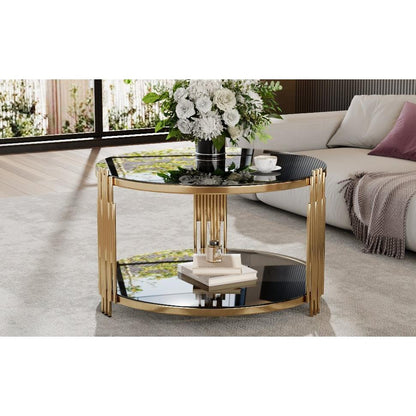 Modern Black Mirror Coffee Table, Asymmetrical Metal, Circular Metal Drum Base, Gold Finish & Lower Shelf