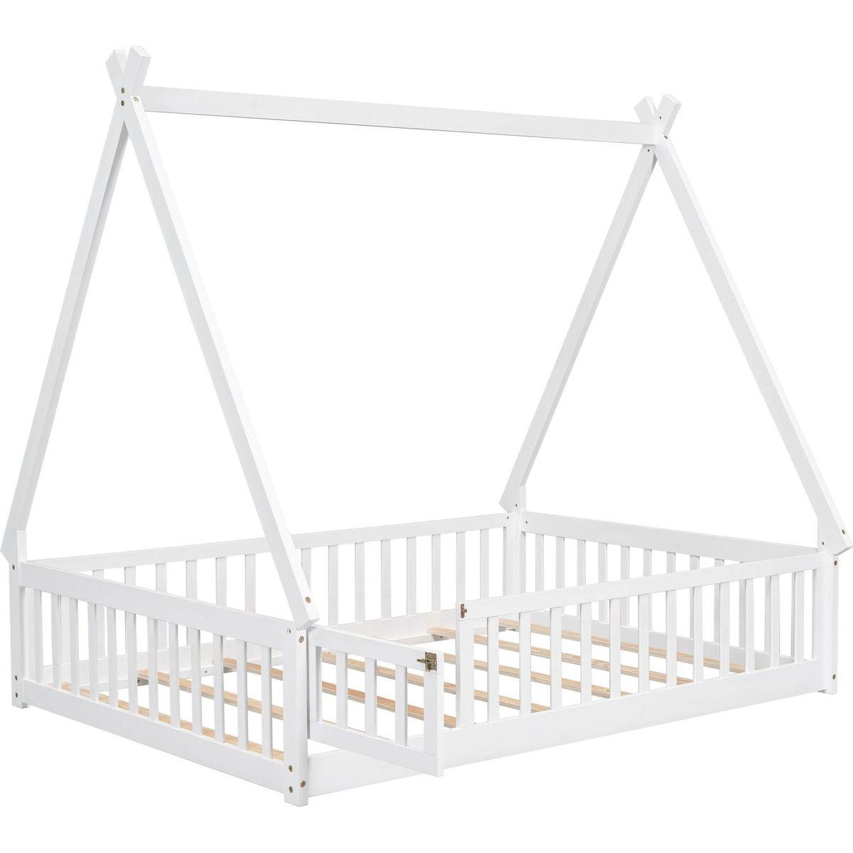 Full Tent-shaped Floor Bed, with Guardrails, Slats, Door, White