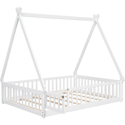 Full Tent-shaped Floor Bed, with Guardrails, Slats, Door, White