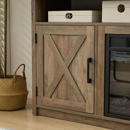 Farmhouse TV Media Stand, Large Barn Inspired Home Entertainment Console, with 18" Fireplace Insert, for TV Up to 65", with Open Shelves and Closed Cabinets, Gray Wash 57.87x15.75x30.31