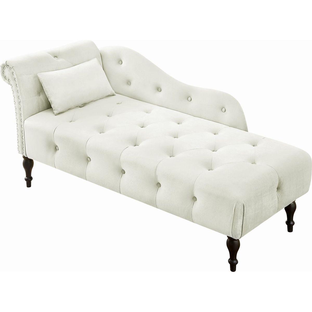 60.6" Velvet Chaise Lounge Buttons Tufted Nailhead Trimmed Solid Wood Legs with 1 Pillow,White (Left Arm Design as Shown in the Picture)