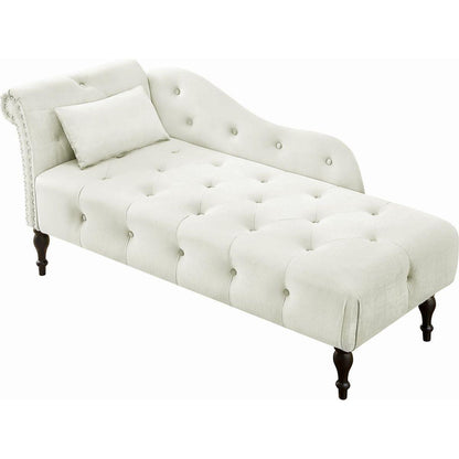60.6" Velvet Chaise Lounge Buttons Tufted Nailhead Trimmed Solid Wood Legs with 1 Pillow,White (Left Arm Design as Shown in the Picture)