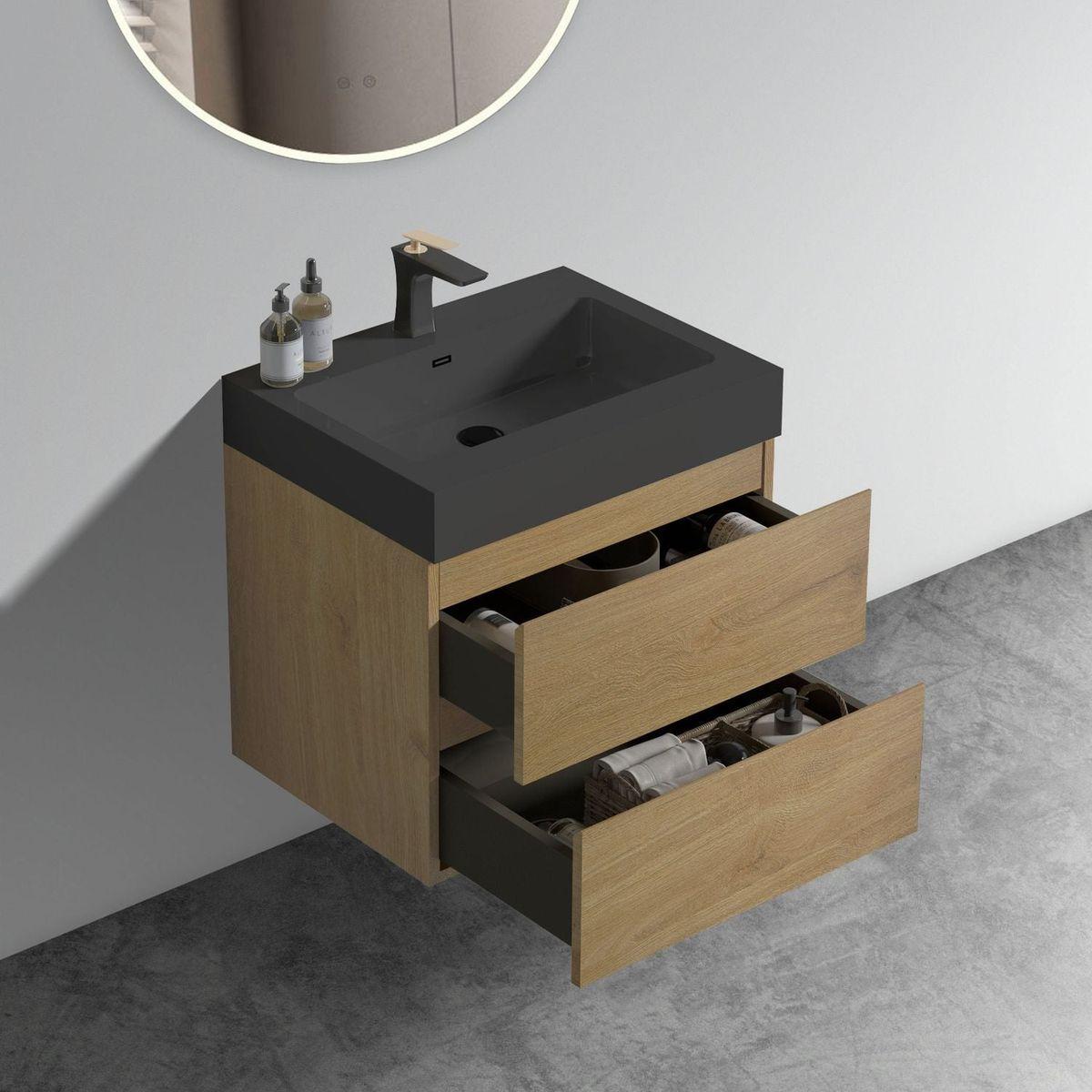 U090-Alice24W-106 Alice 24" Natural Oak Bathroom Vanity with Sink, Large Storage Wall Mounted Floating Bathroom Vanity for Modern Bathroom, One-Piece Black Sink Basin WITHOUT Drain, Pre-assembled