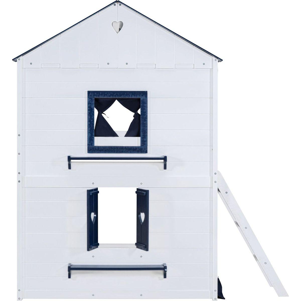 Full Size Bunk Wood House Bed with Elegant Windows, Sills and Tent, Blue+White