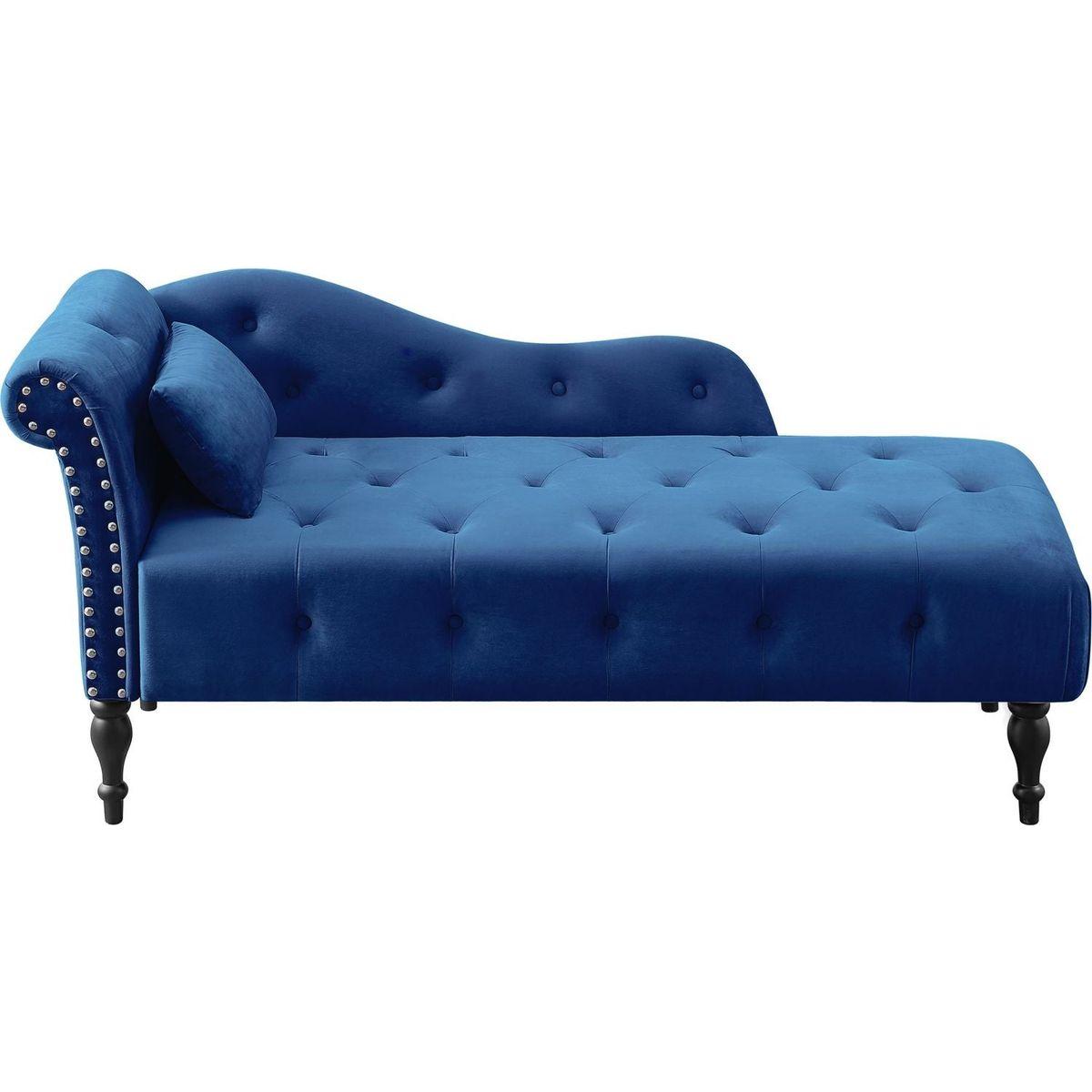 60.6" Velvet Chaise Lounge Buttons Tufted Nailhead Trimmed Solid Wood Legs with 1 Pillow,Blue (Left Arm Design as Shown in the Picture)