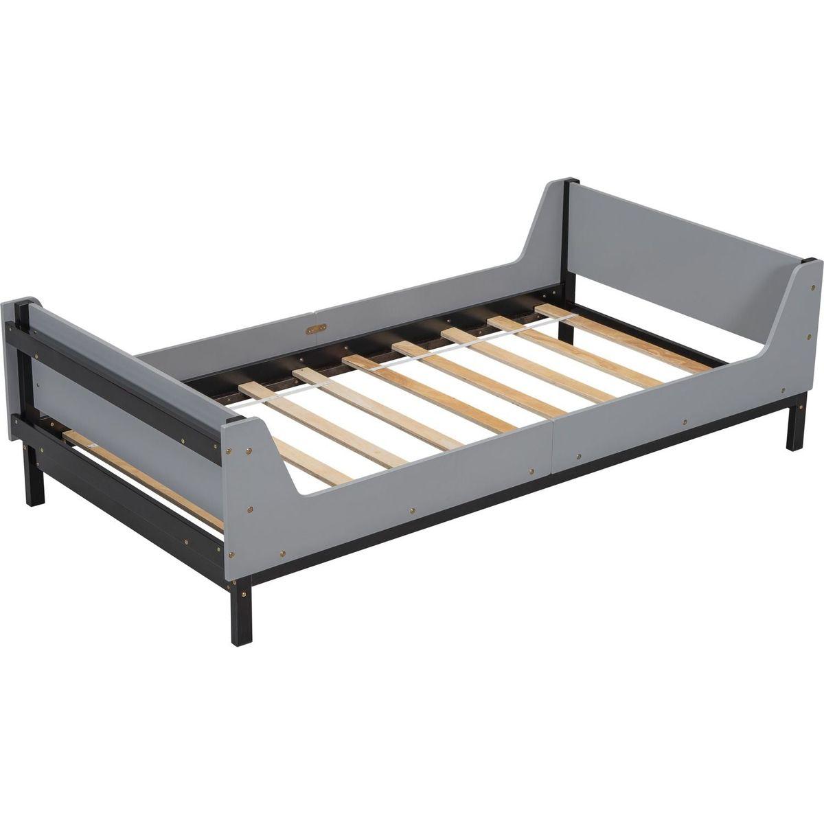 Twin Bed with Headboard, Footboard, Safeguards, Built-in Bed-end Book Storage Rack, Grey