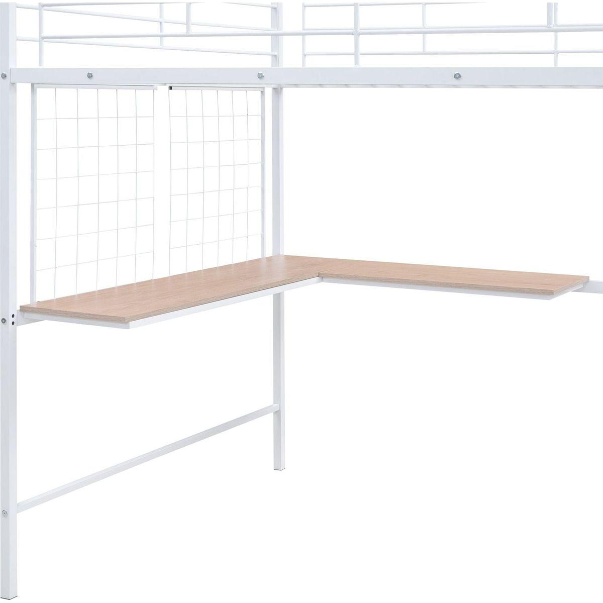 Full Size Metal Loft Bed with Desk and Metal Grid, Stylish Metal Frame Bed with Lateral Storage Ladder and Wardrobe, White