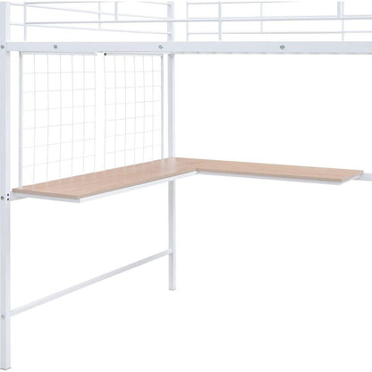 Full Size Metal Loft Bed with Desk and Metal Grid, Stylish Metal Frame Bed with Lateral Storage Ladder and Wardrobe, White