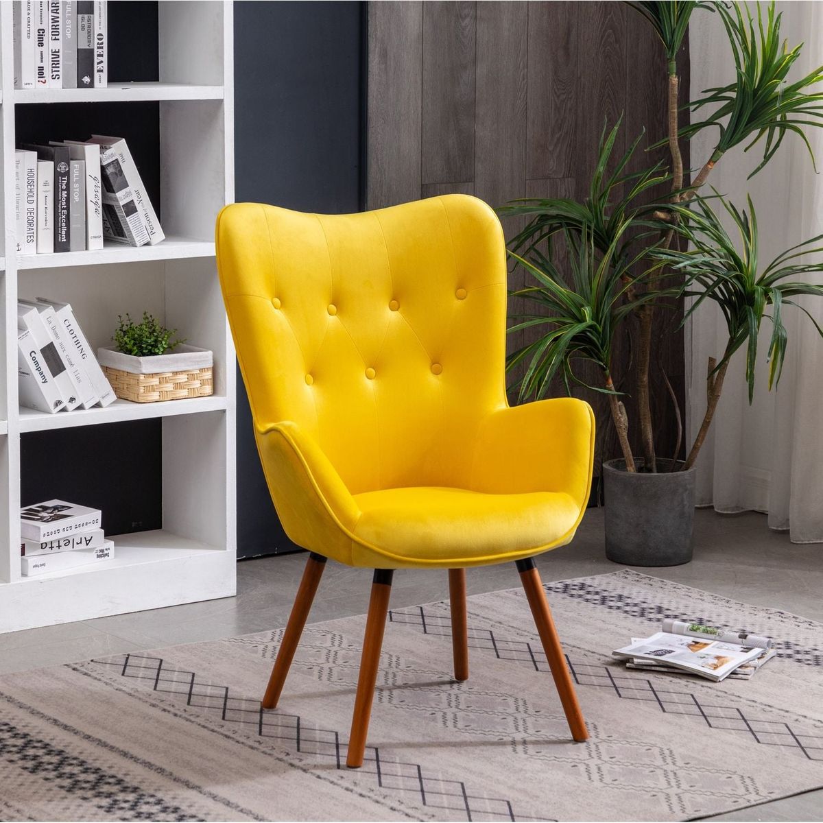 Doarnin Contemporary Silky Velvet Tufted Button Back Accent Chair, Yellow