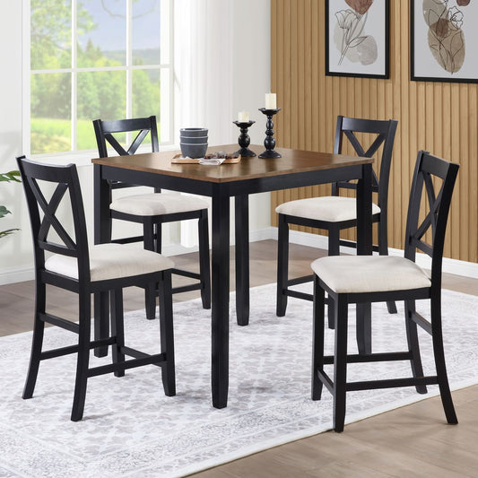 5-Piece Counter Height Dining Table Set with 4 Chairs, Classic Wooden Dining Table Set for 4, Timeless Farmhouse 4-Person Dining Table Set for Small Place, Kitchen, Dining Room, Black & Oak two tone