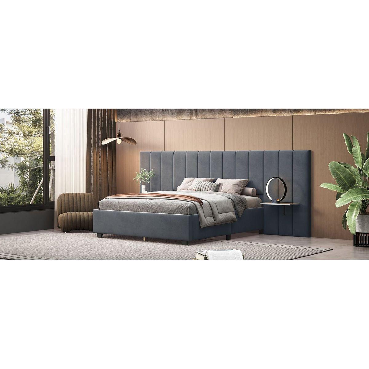 Queen Size Upholstered Platform Bed with Big Headboard, Bedroom Furniture, Velvet, Gray