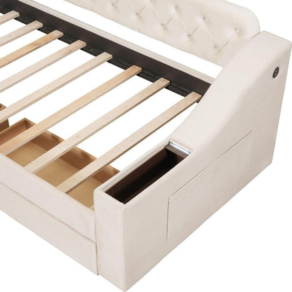 Twin Size Upholstered Daybed with Storage Armrests and USB Port, Beige