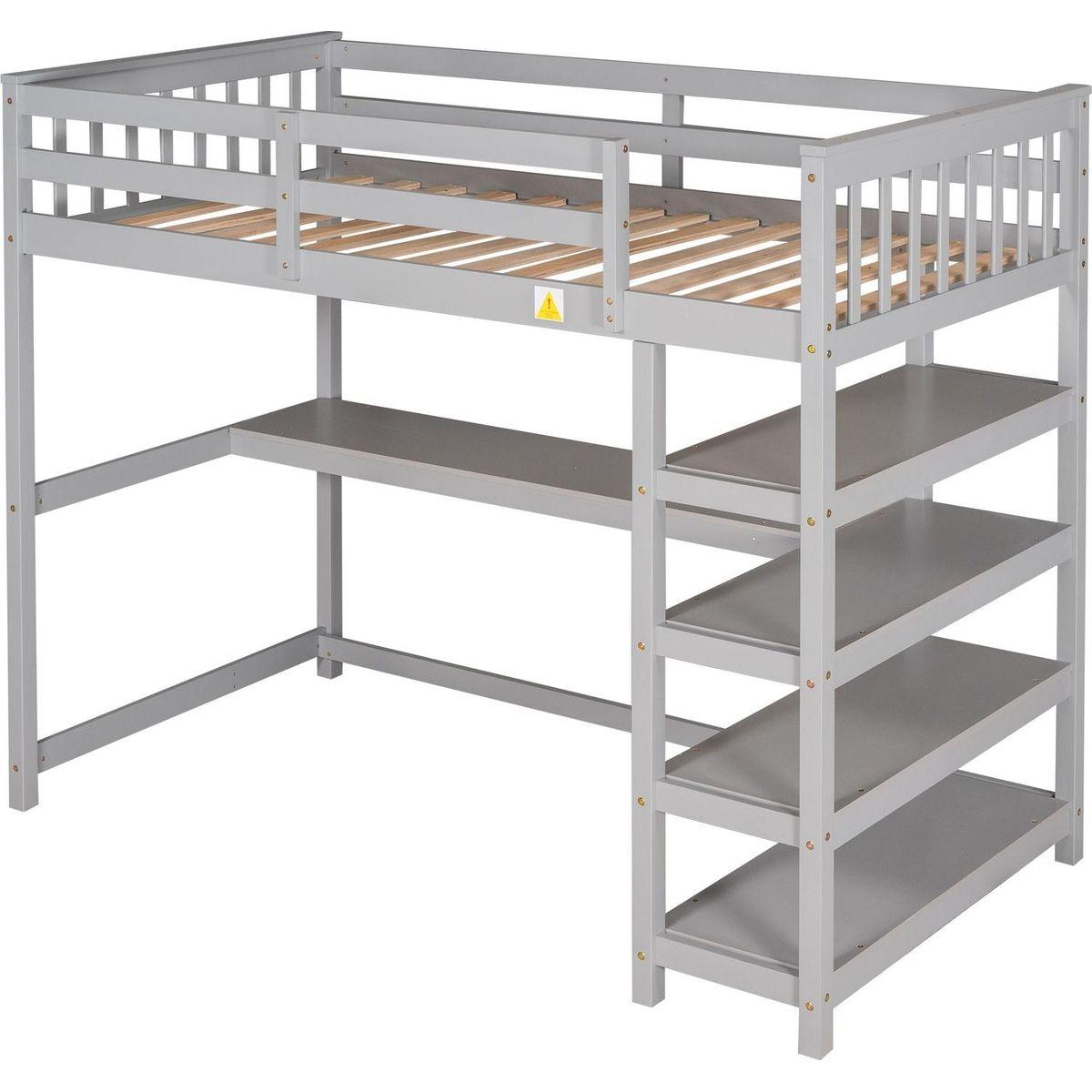 Twin Size Loft Bed with Storage Shelves and Under-bed Desk, Gray