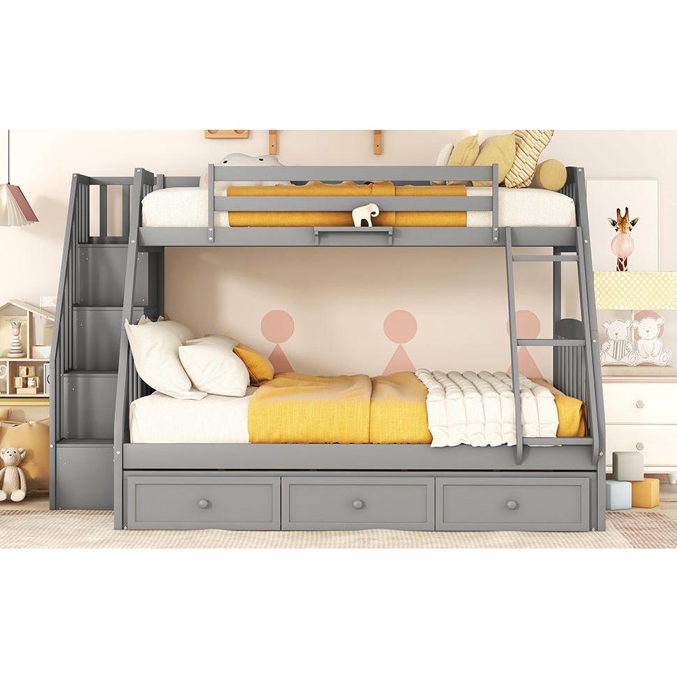 Twin-Over-Full Bunk Bed with Drawers氓Ladder and Storage Staircase, Gray