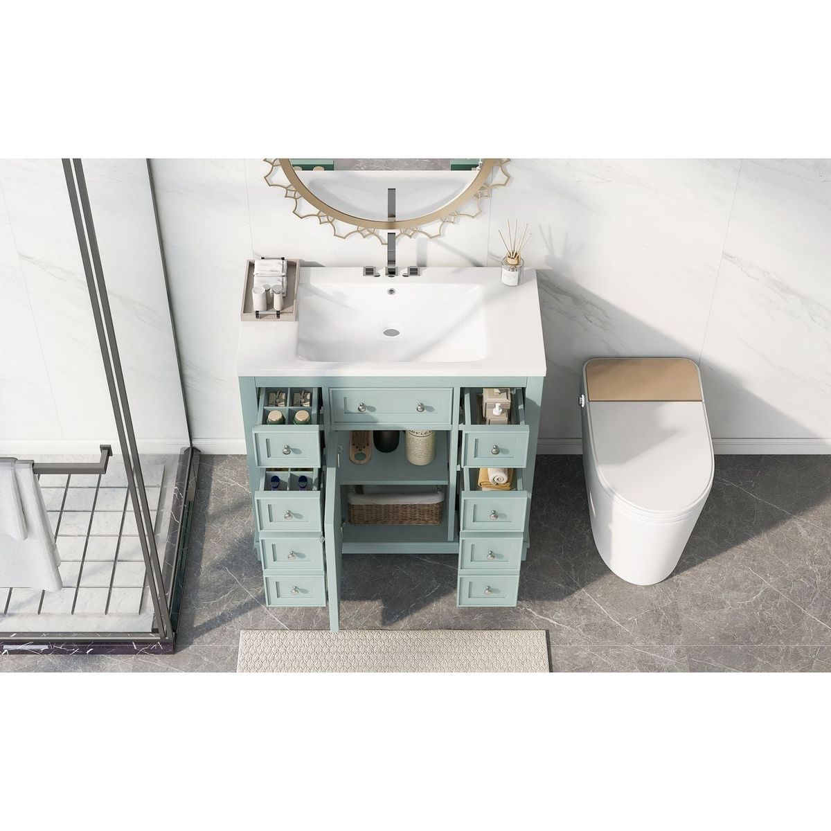 36" Bathroom Vanity with Sink Combo, One Cabinet and Six Drawers, Solid Wood and MDF Board, Green