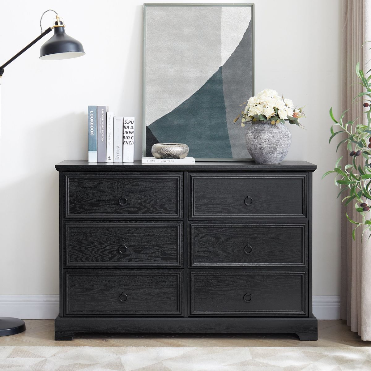 Modern Farmhouse 6-Drawer Chest of Drawers for Bedroom, Wooden Bedroom Drawer Dresser with 6 Storage Drawers,6 Drawer Dresser Chests for Bedroom Black