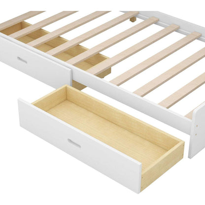 Wood Twin Size platform bed with Storage Headboard, Shelves and 2 Drawers, White