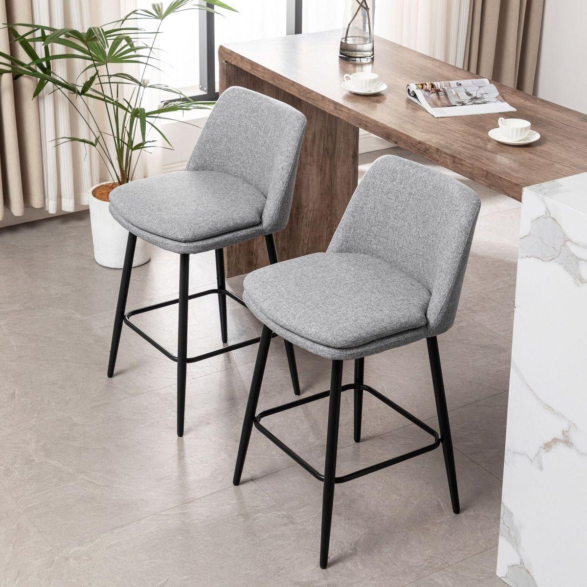 Counter Height Swivel Bar Stools Set of 2, 360 Swivel Upholstered Barstools with Back and Metal Legs, 25.6" Seat Height,Counter Stools for Kitchen Island and Pub,Linen Cloth,Grey