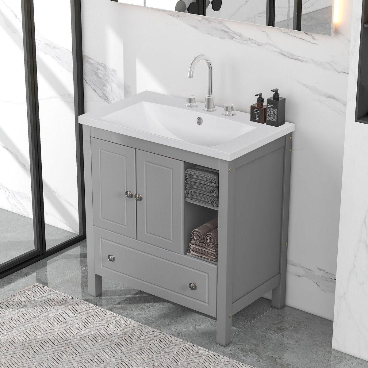 30" Bathroom Vanity with Sink, Bathroom Storage Cabinet with Doors and Drawers, Solid Wood Frame, Ceramic Sink, Grey