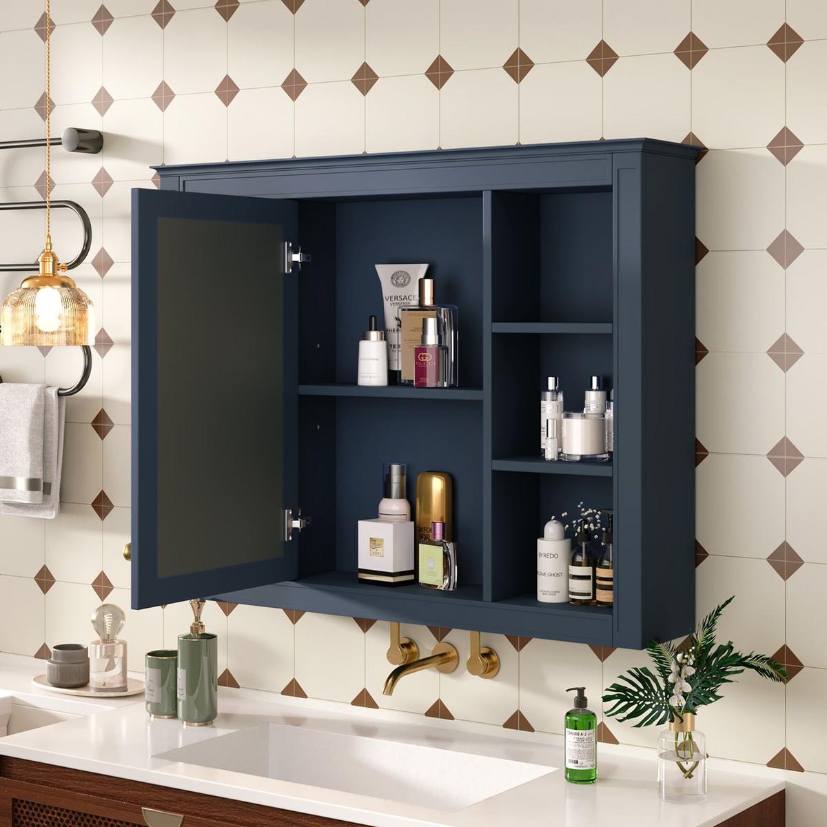 35" x 27.5" Medicine Cabinet, Wall Mounted Bathroom Storage Cabinet, Modern Bathroom Wall Cabinet with Mirror, Mirror Cabinet with 6 Open Shelves (Not Include Bathroom Vanity)