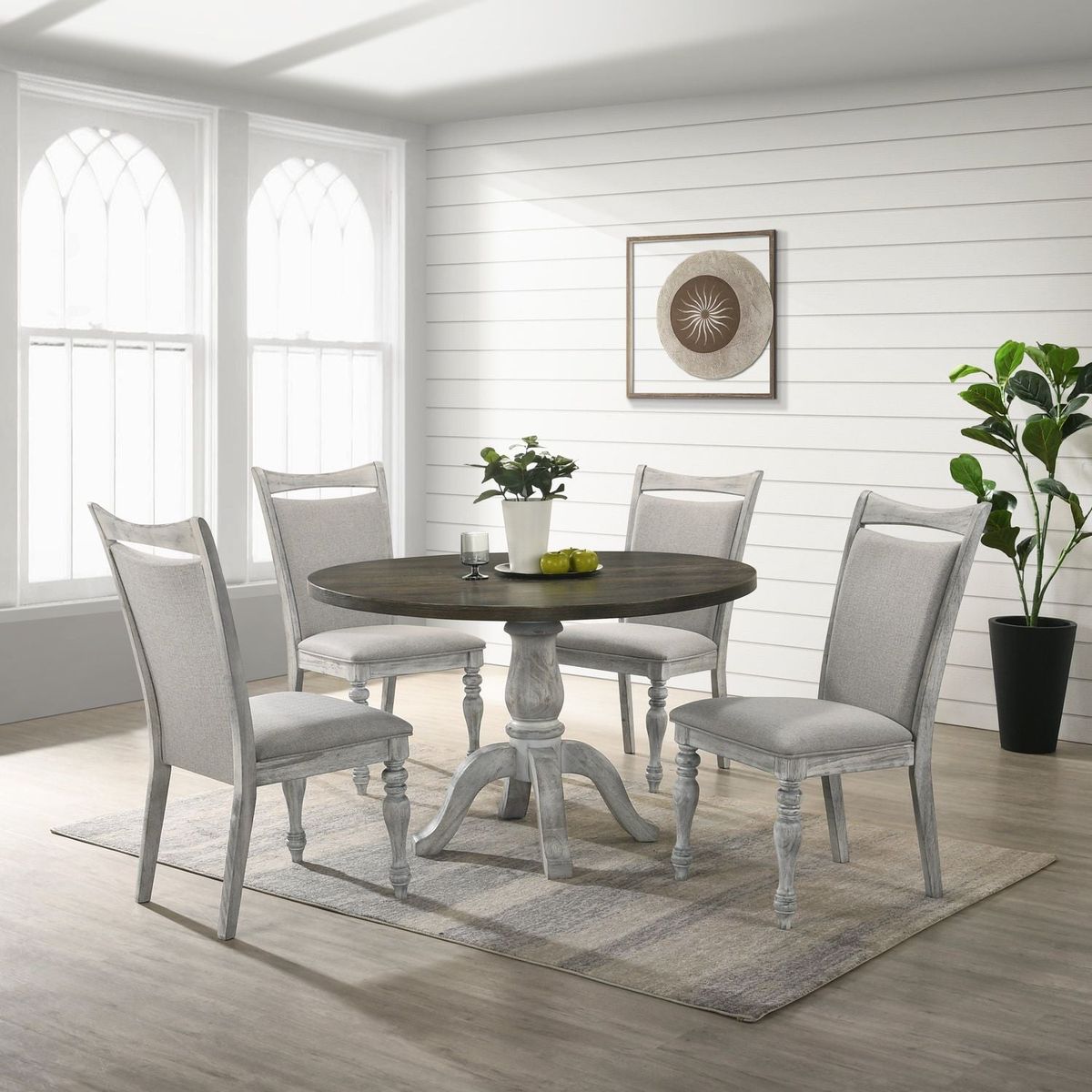 Iris 5-Piece Dining Set, Round Pedestal Table with 4 Chairs, Weathered White and Gray