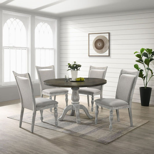 Iris 5-Piece Dining Set, Round Pedestal Table with 4 Chairs, Weathered White and Gray
