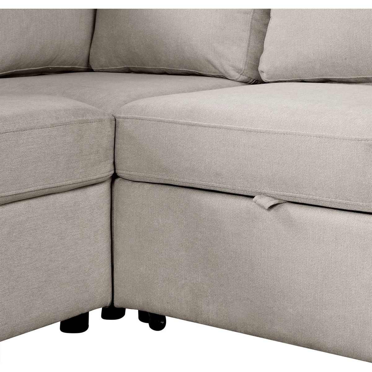 109" U-shaped Sectional Sofa Pull-out Sofa Bed with Two USB Ports, a Storage Chaise Lounge and Four Back Pillows for Living Room, Beige