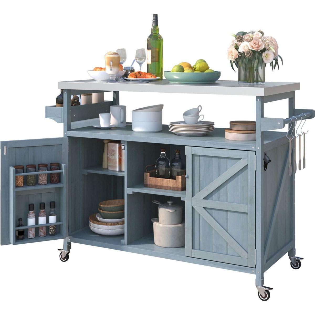 Outdoor Kitchen Island, Rolling Bar Cart & Storage Cabinet, Farmhouse Solid Wood Outdoor Grill Table with Stainless Steel Top, Spice Rack, Towel Rack for Kitchen & BBQ, Grey Blue