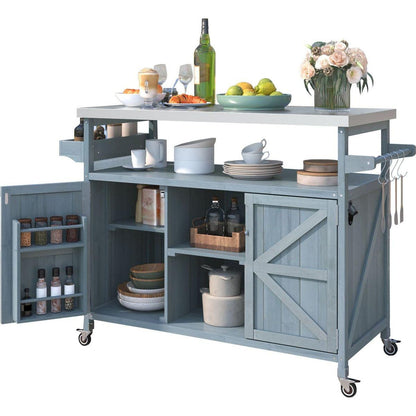 Outdoor Kitchen Island, Rolling Bar Cart & Storage Cabinet, Farmhouse Solid Wood Outdoor Grill Table with Stainless Steel Top, Spice Rack, Towel Rack for Kitchen & BBQ, Grey Blue