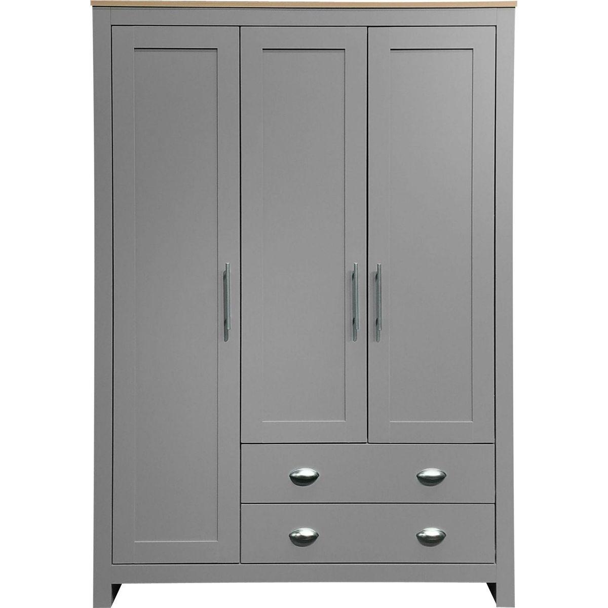 Three Door Storage Wardrobe with Cabinets and Two Hanging Rods,Gray