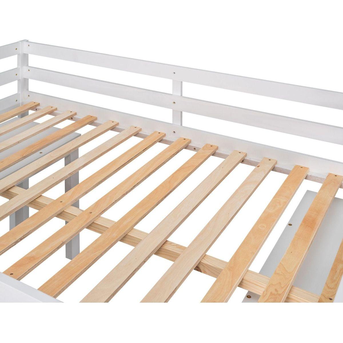 Low Study Full Loft Bed with Cabinet, Shelves and Rolling Portable Desk, Multiple Functions Bed- White