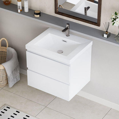 24" Floating Bathroom Vanity with Sink, Modern Wall-Mounted Bathroom Storage Vanity Cabinet with Resin Top Basin and Soft Close Drawers, Glossy White