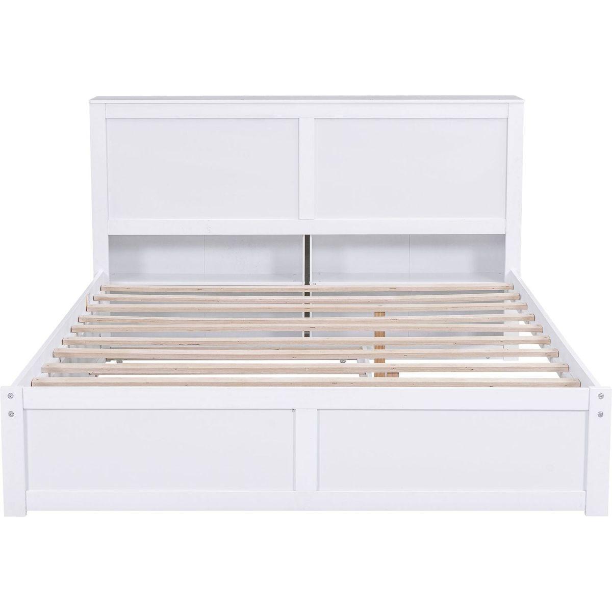 Queen Size Storage Platform Bed with Pull Out Shelves and Twin XL Size Trundle, White