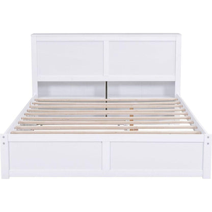 Queen Size Storage Platform Bed with Pull Out Shelves and Twin XL Size Trundle, White