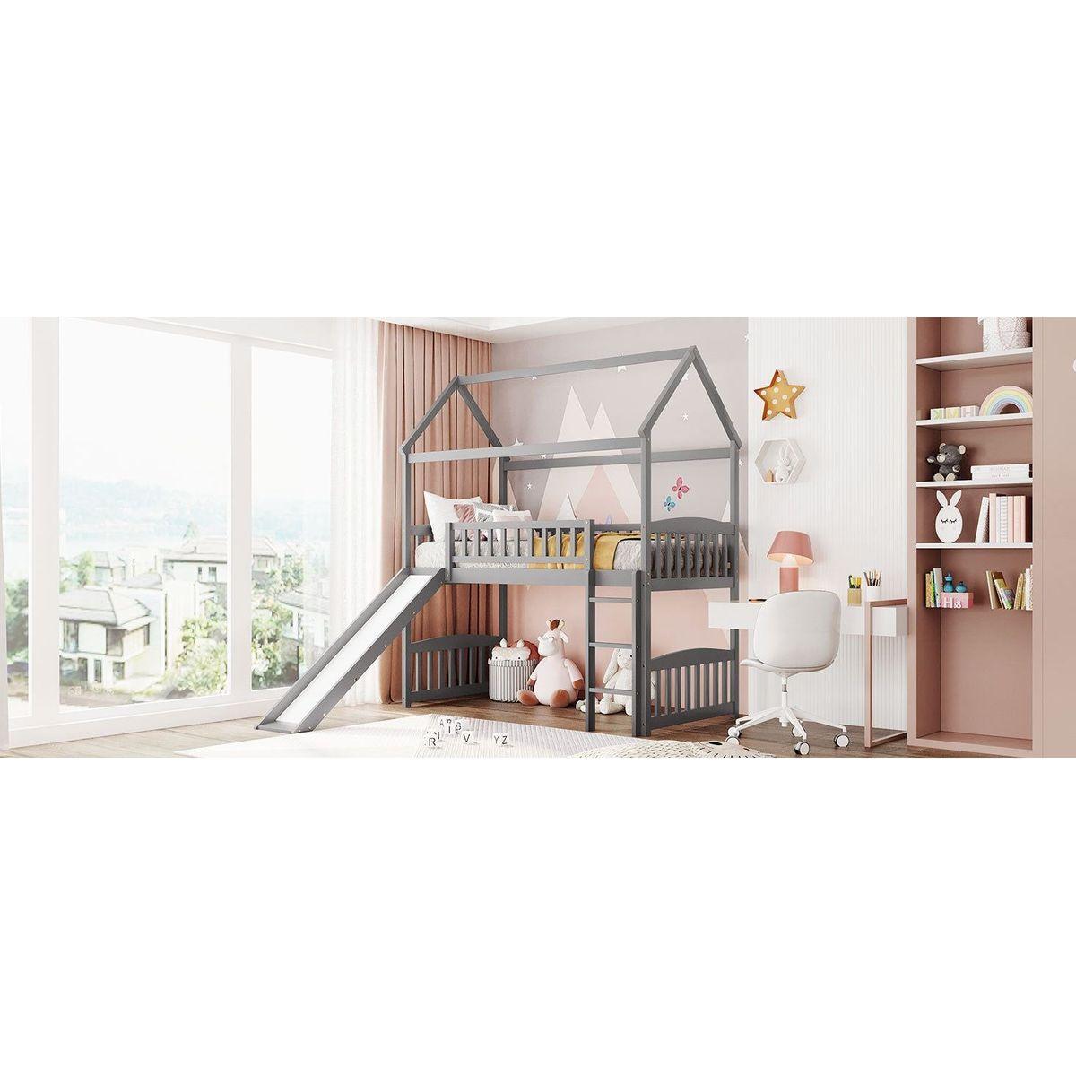 Twin Loft Bed with Slide, House Bed with Slide,White