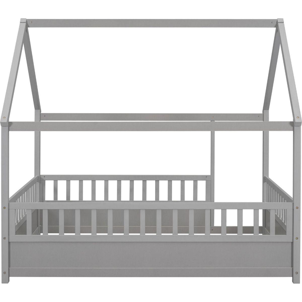 Full Size Floor Wooden Bed with House Roof Frame, Fence Guardrails,Grey